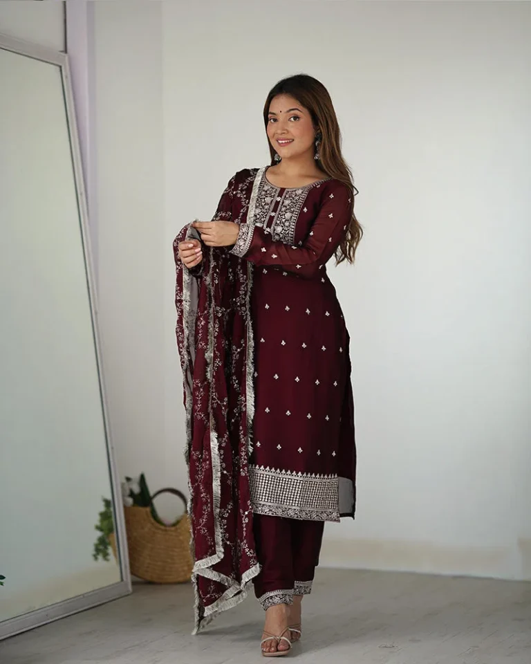 Maroon Color Rangoli Silk Three Piece Kurti Suit