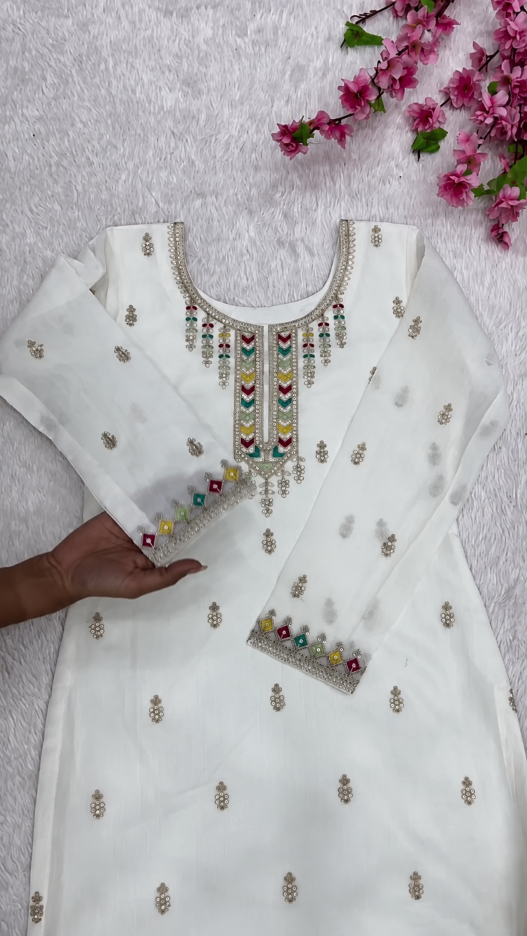 White Embroidered Ethnic Kurti Set